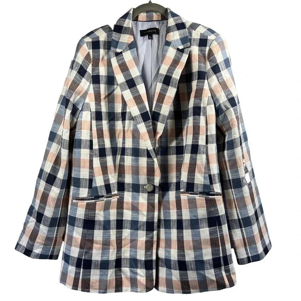 Talbots Women's Blazer 16 Plaid Colorful Cotton Single‎ Breasted Lined Pockets